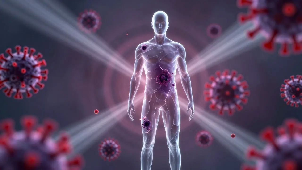 Abstract glass figure surrounded by viral particles representing health risks