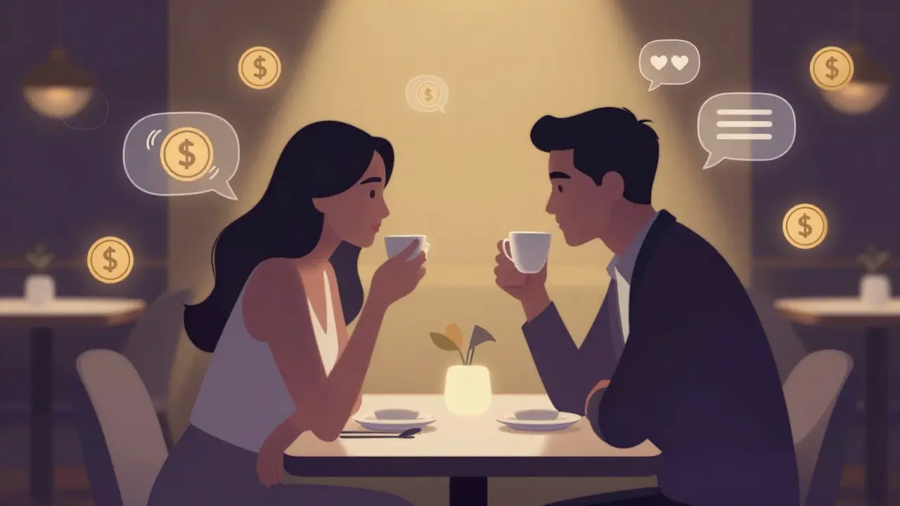 Artistic depiction of companionship with subtle symbols of cost and emotion