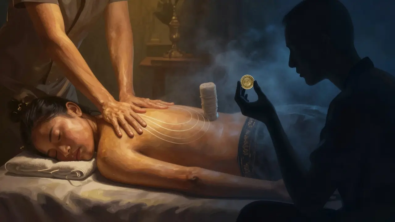 Artistic split image showing serene massage vs. shadowy legal risks