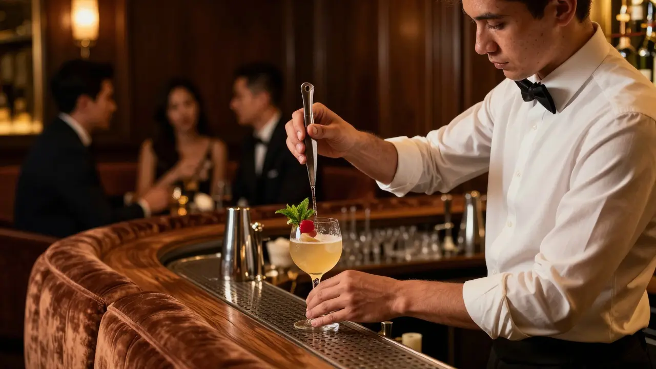 Bartender crafting a cocktail in an elegant, dimly lit VIP lounge