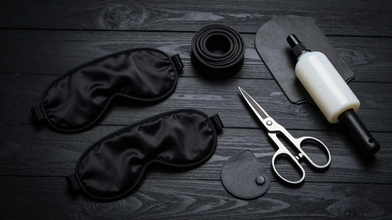 BDSM beginner gear including rope, paddle, and safety shears