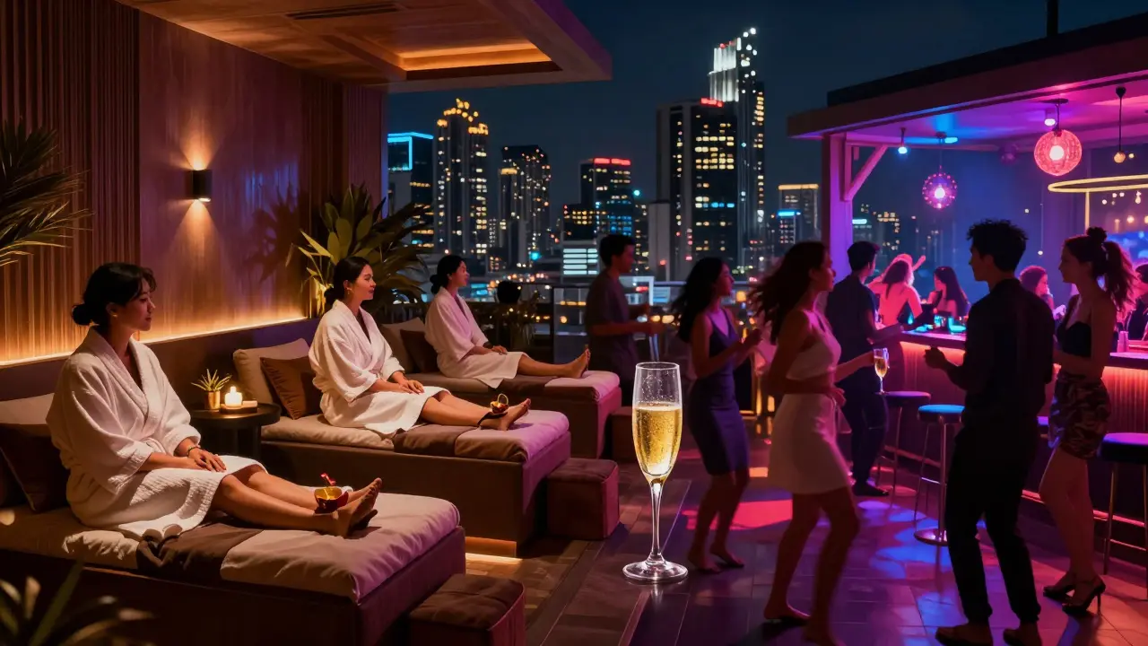 Blend of serene spa lounge and vibrant Bangkok rooftop party scene