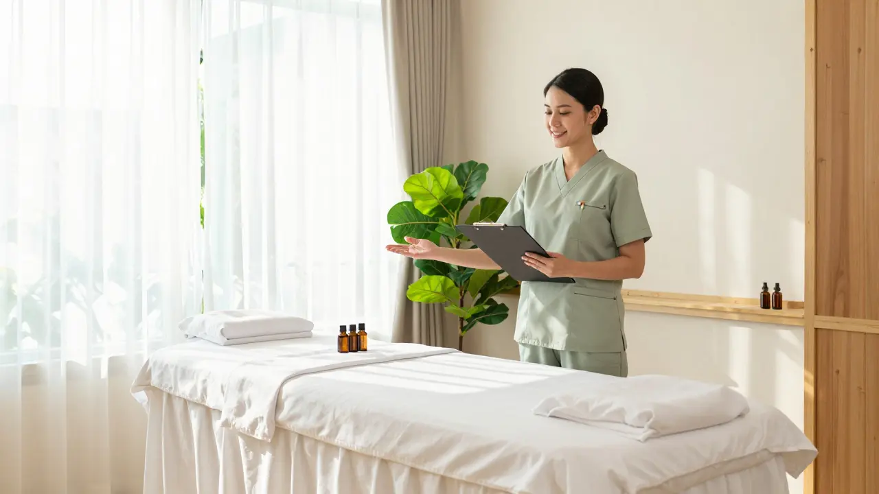 Bright, professional spa interior with certified therapist ensuring safety