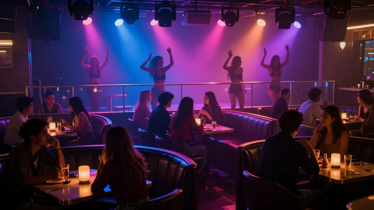 Busy interior of a Pattaya go-go bar with dancers and lights