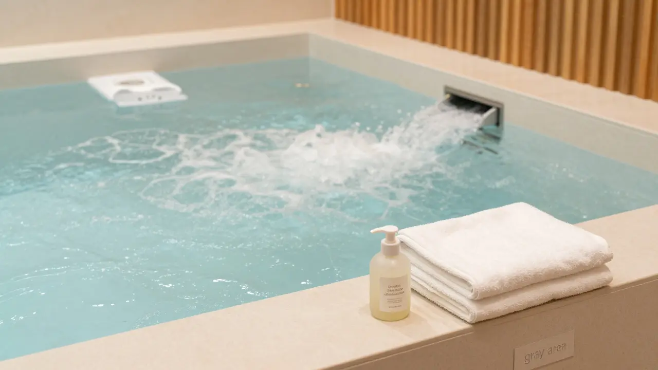 Clean hydrotherapy pool with towels and soap in a spa