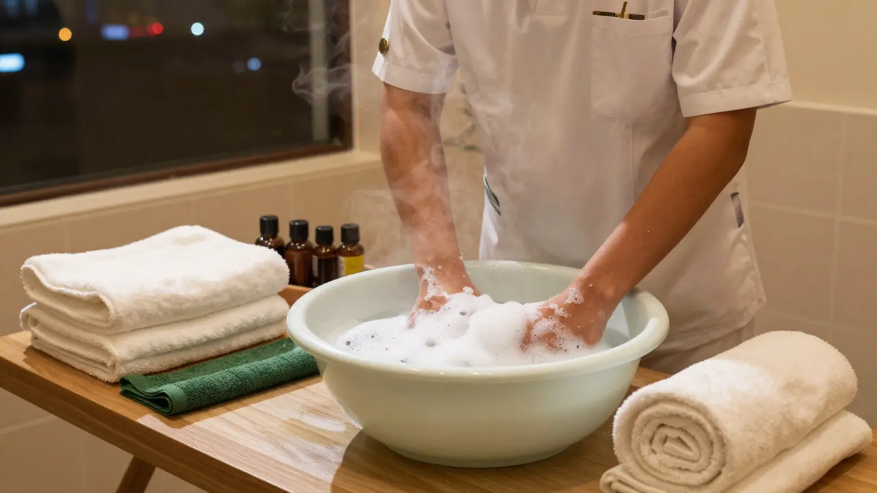 Clean, luxurious Thai spa interior with warm water and foam preparation