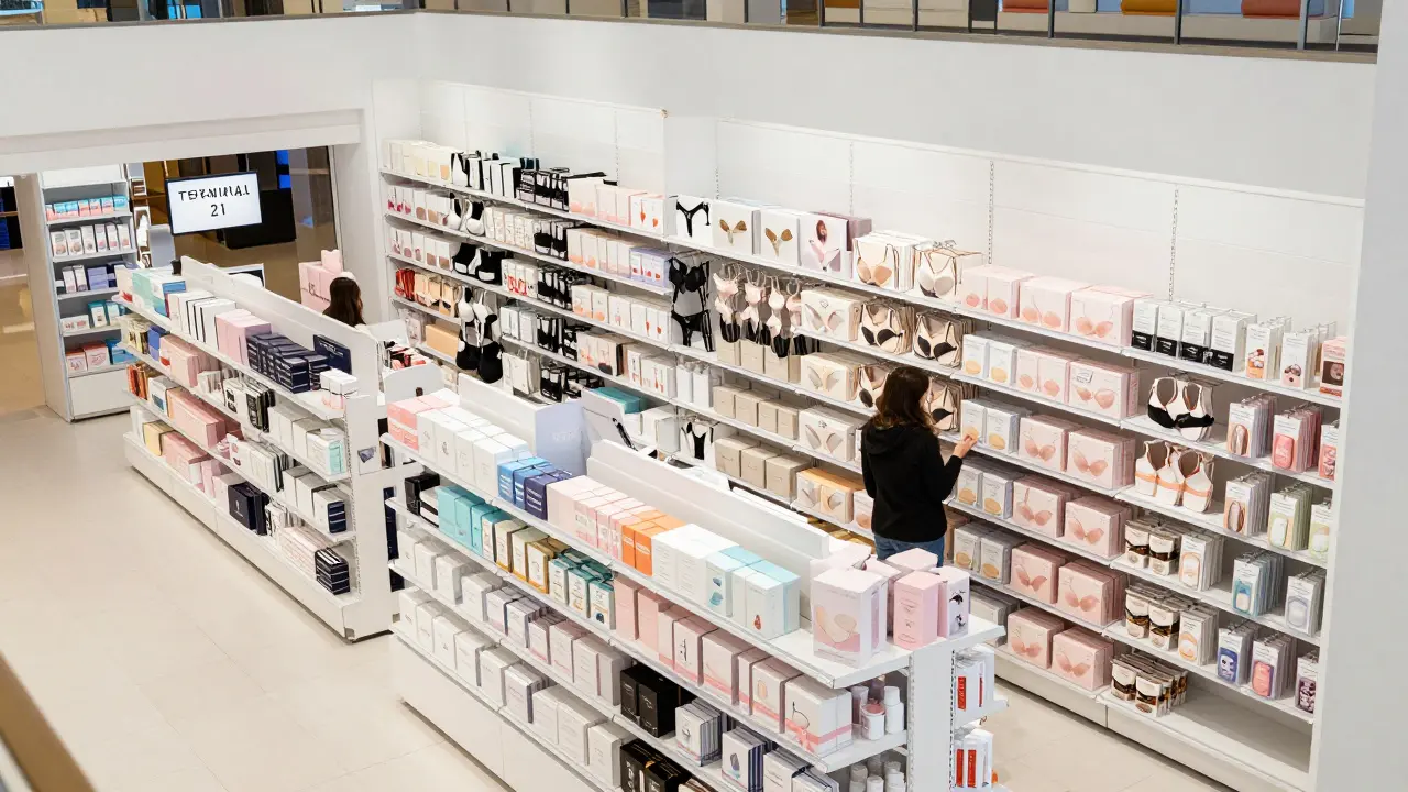 Clean, modern interior of an adult novelty shop in a Thai shopping mall