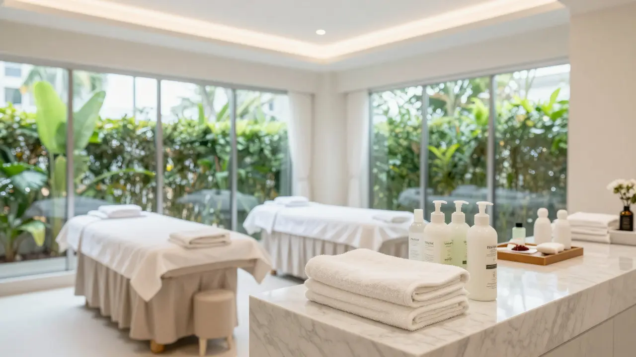 Clean, modern Thai spa interior with fresh towels