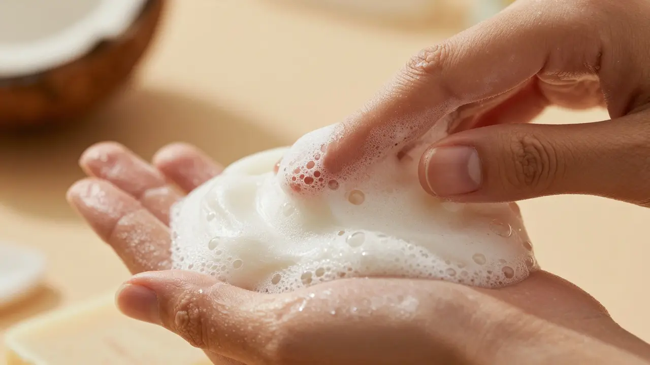 Close-up of hands creating rich soap lather on skin