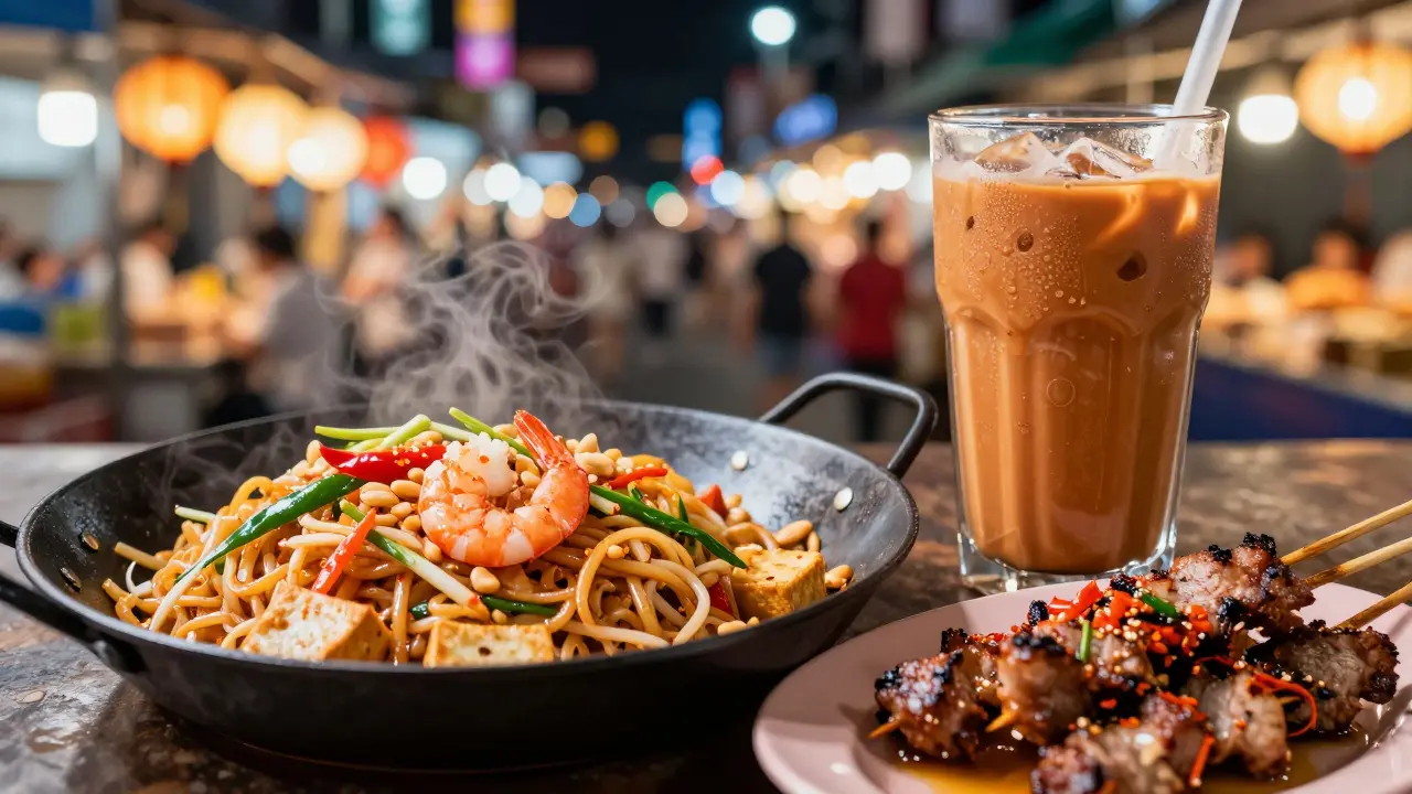 Close-up of Pad Thai, grilled pork skewers, and Thai iced tea on a street food stall.