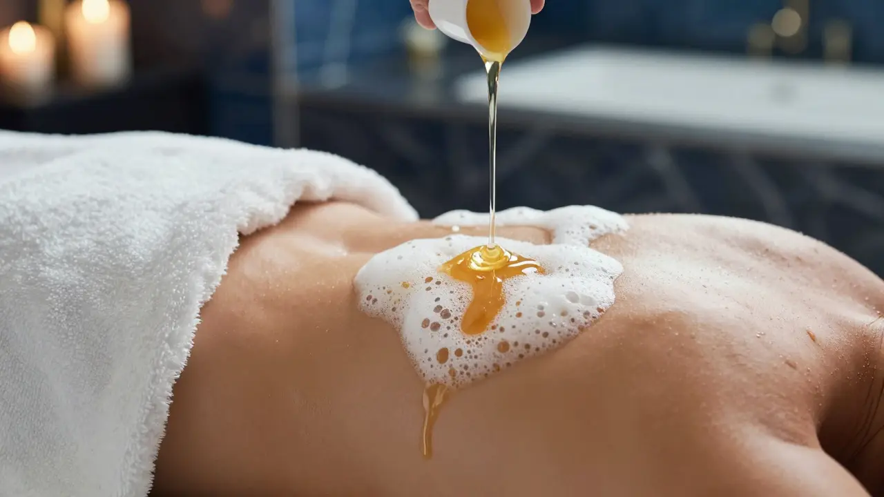 Close-up of premium massage oil and soap suds in a VIP spa suite