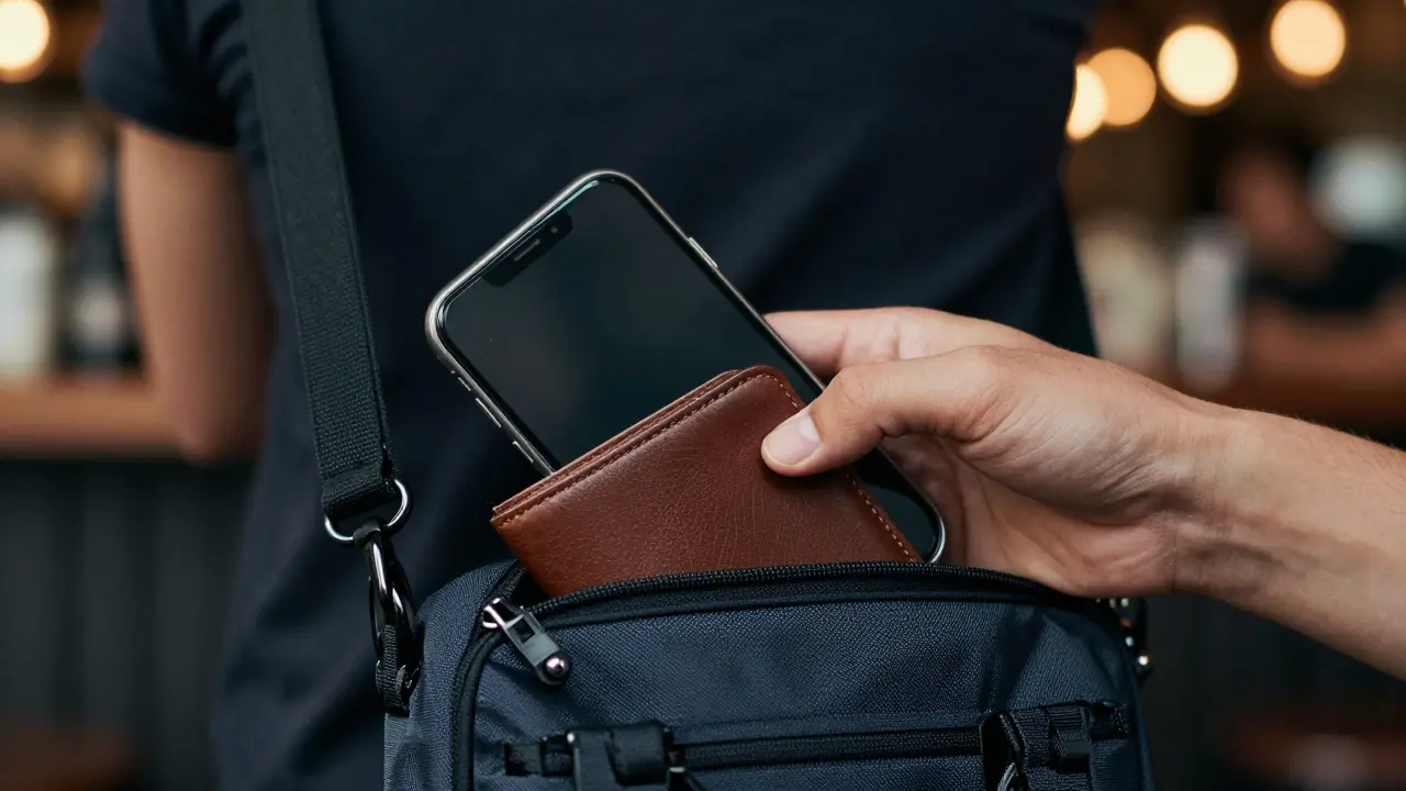 Close-up of secure bag and phone in a busy bar setting