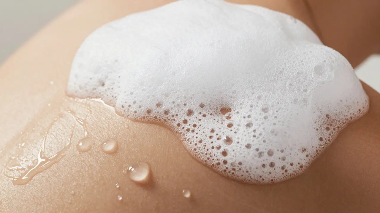 Close up of soapy bubbles rinsing off smooth skin