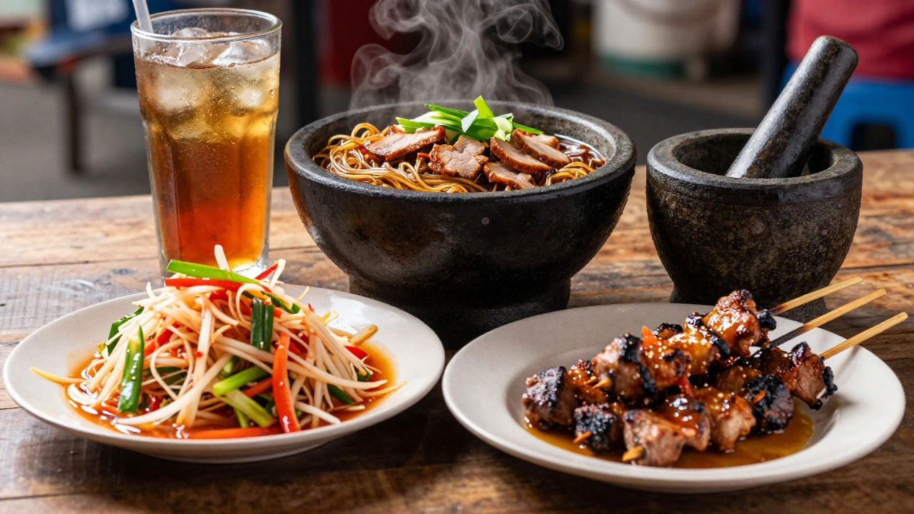 Close-up of Thai boat noodles, papaya salad, and grilled skewers on a table