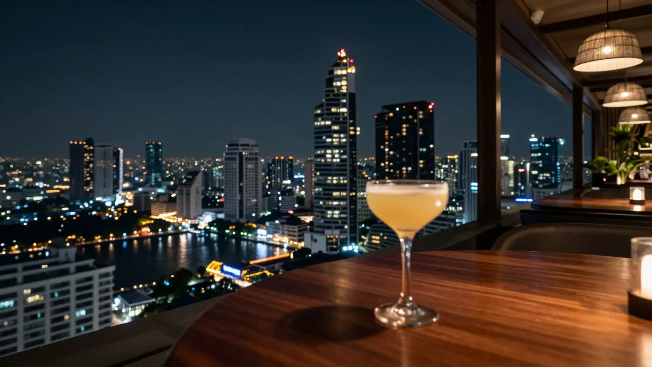 Cocktail on a rooftop bar overlooking Bangkok city lights