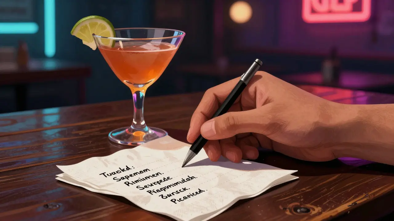 Cocktail on a table with a price note, symbolizing bar costs