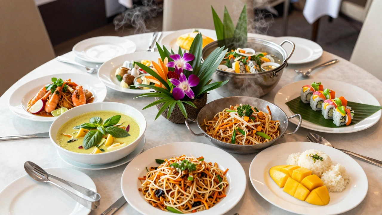 Colorful Thai buffet food spread including curry, noodles, and sushi on a boat