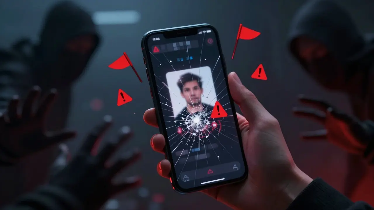 Conceptual art of a smartphone showing a dissolving fake profile, surrounded by shadows representing online scams.