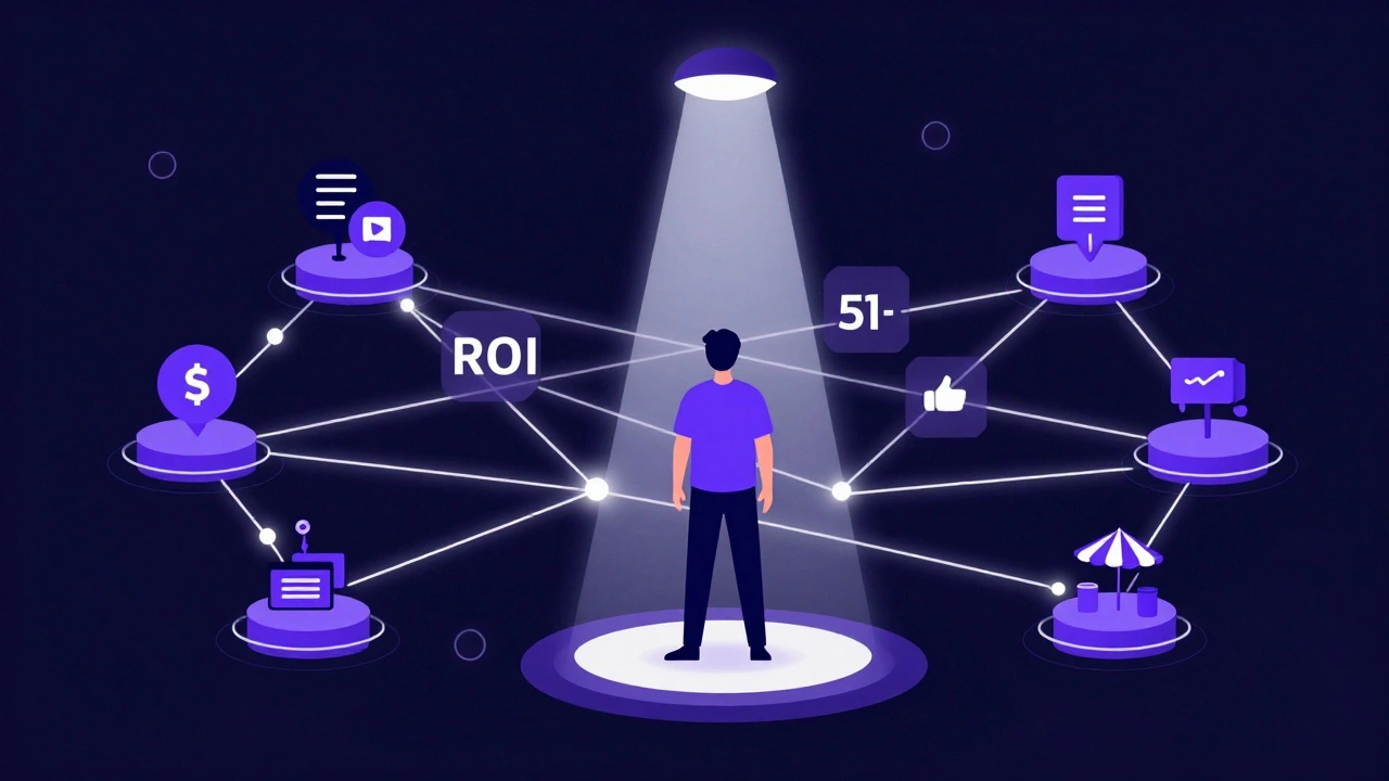 Conceptual art of influencer connected to digital data networks and venues
