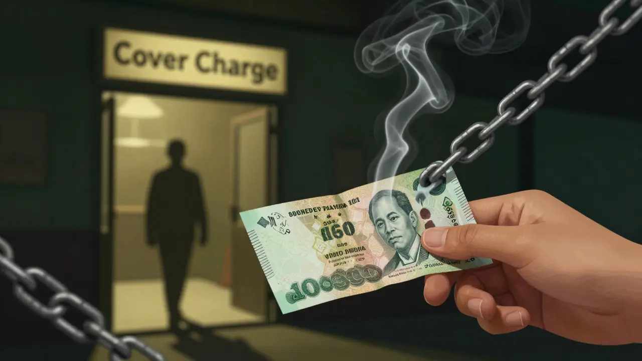 Conceptual art of money dissolving near a dark bar entrance