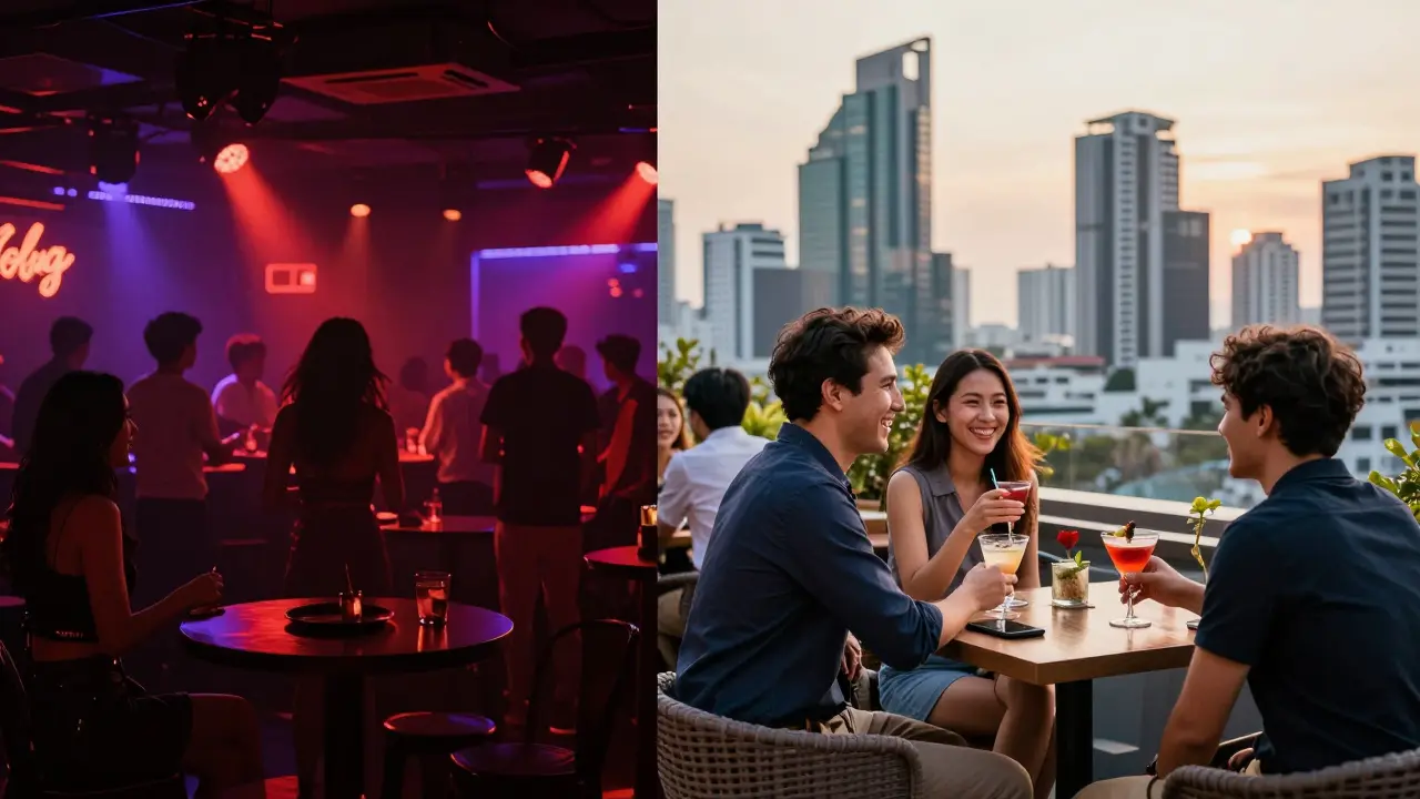 Contrast between a dark club and a bright rooftop bar in Bangkok