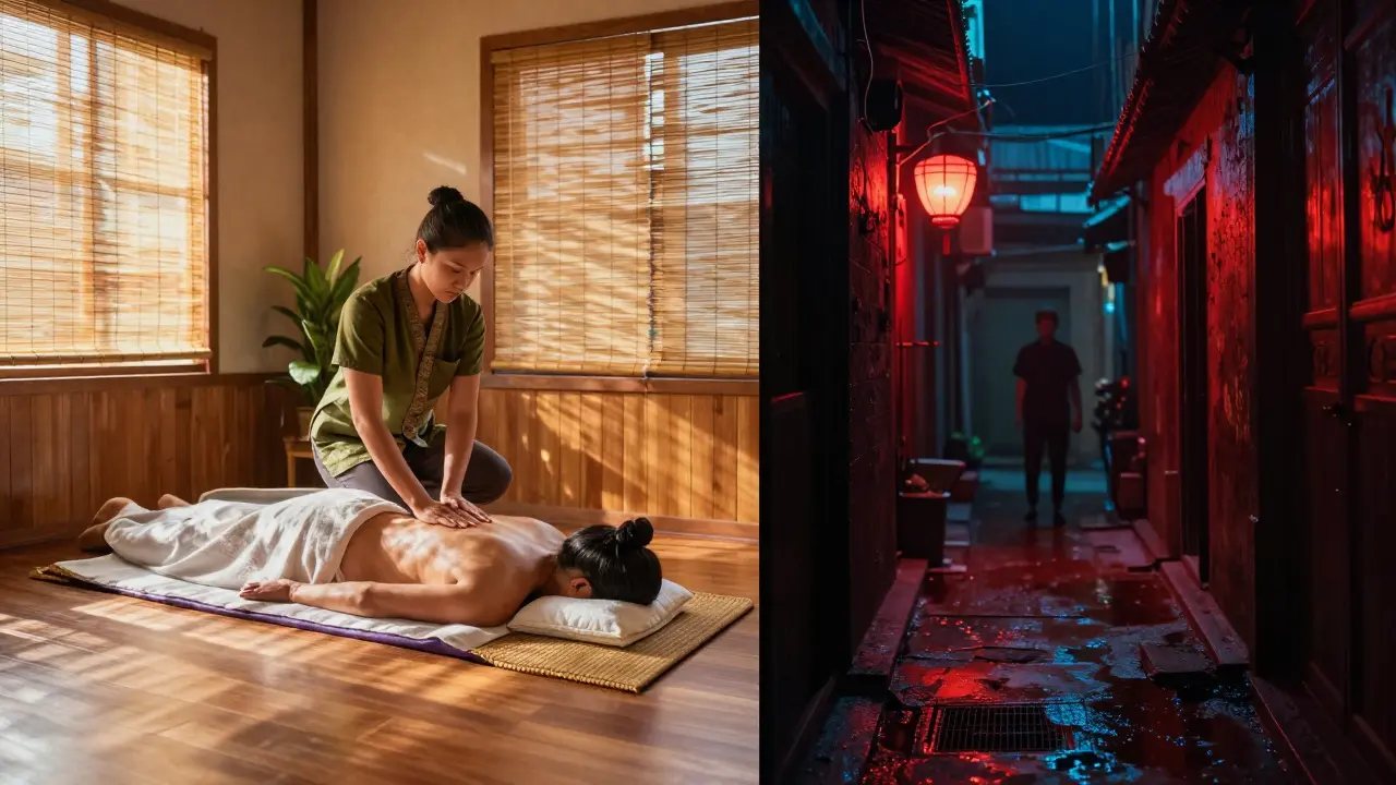 Contrast between a serene traditional Thai spa and a dark, dangerous alley