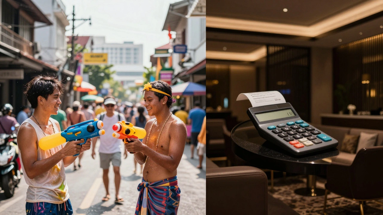 Contrast between casual Songkran street party and luxury hotel interior