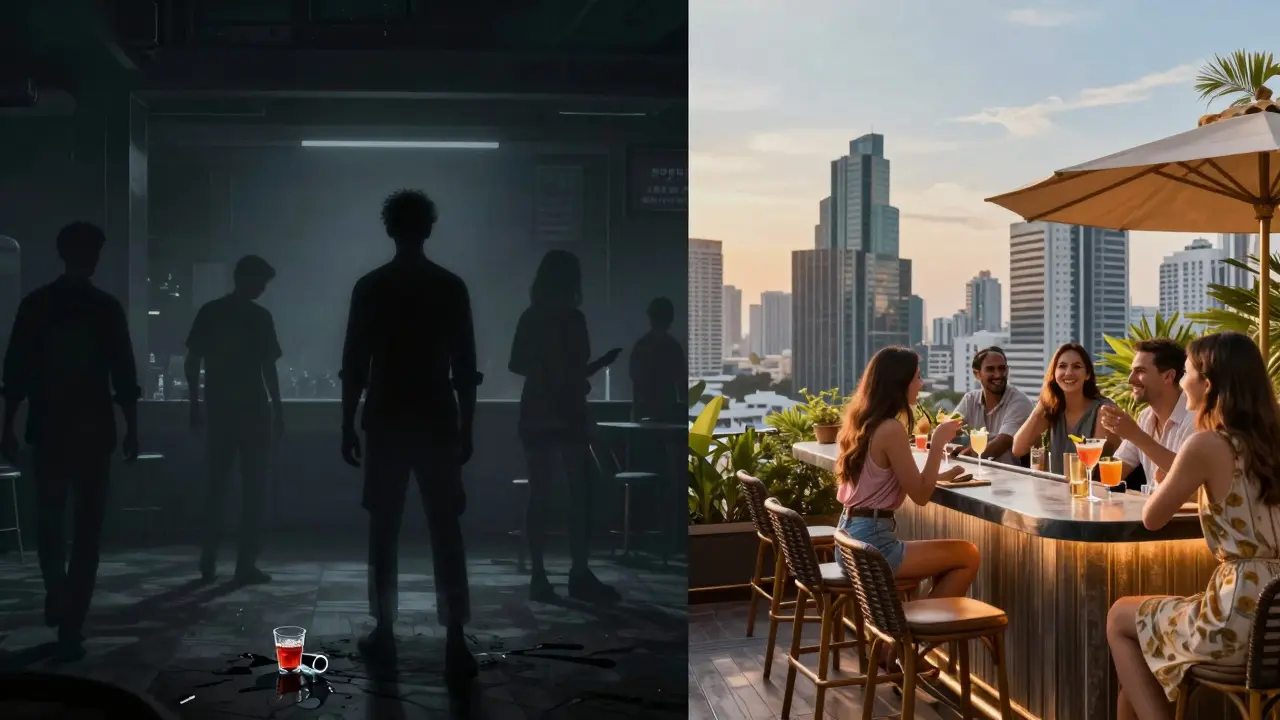 Contrast between risky nightlife and safe rooftop bars