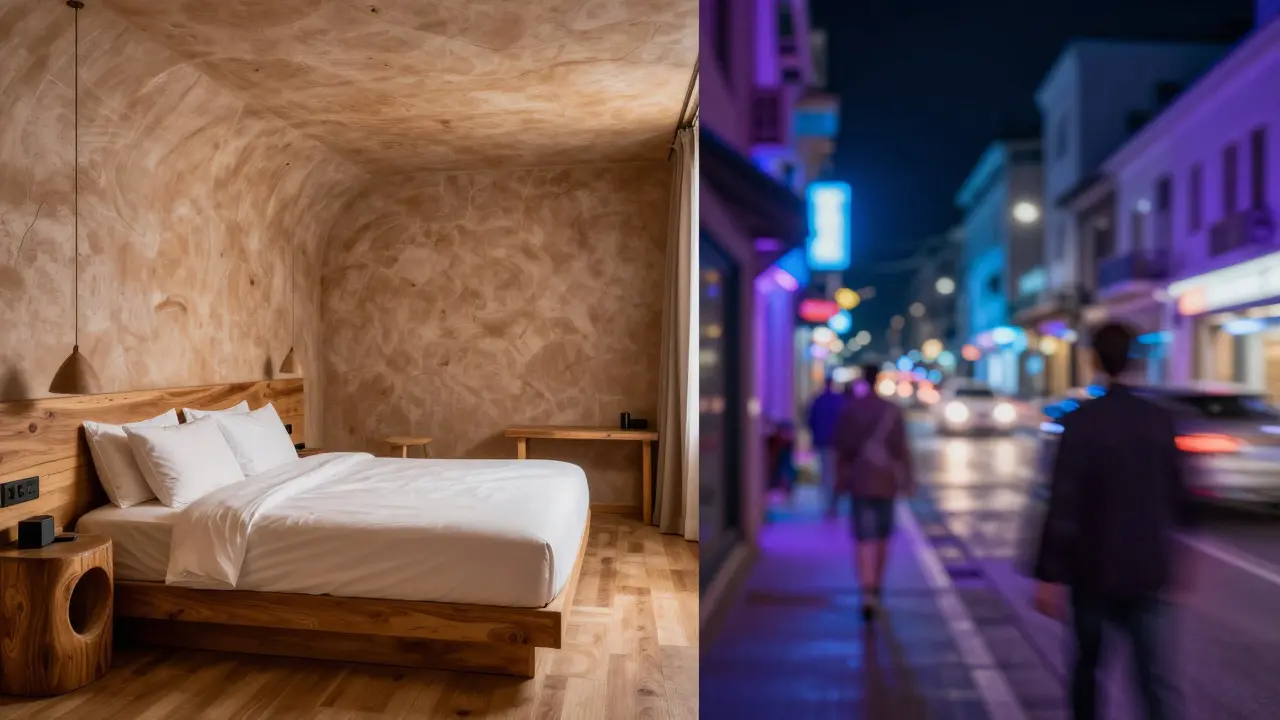 Contrast between serene hotel interior and chaotic nightlife