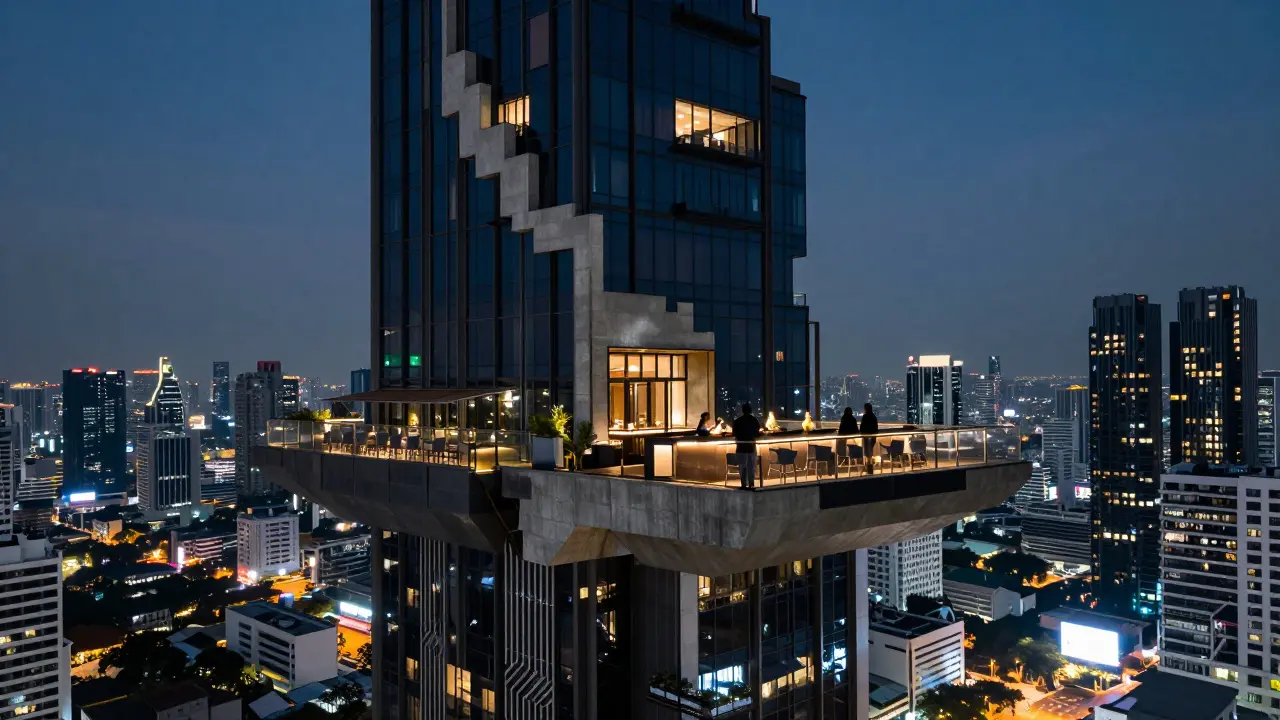 Couple on cantilevered balcony of Mahanakhon tower at twilight