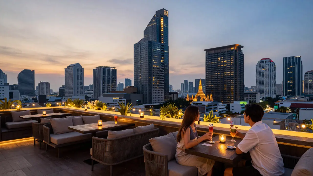 Couple relaxing at an elegant Bangkok rooftop bar overlooking the city skyline