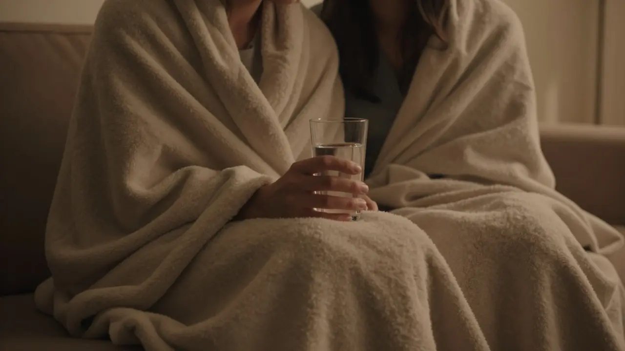 Couple wrapped in blankets sharing a quiet moment