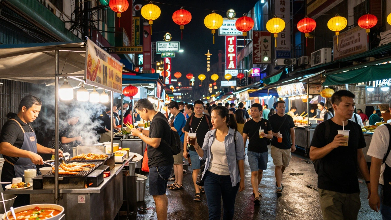 Crowded Yaowarat Road in Chinatown filled with grilled seafood vendors