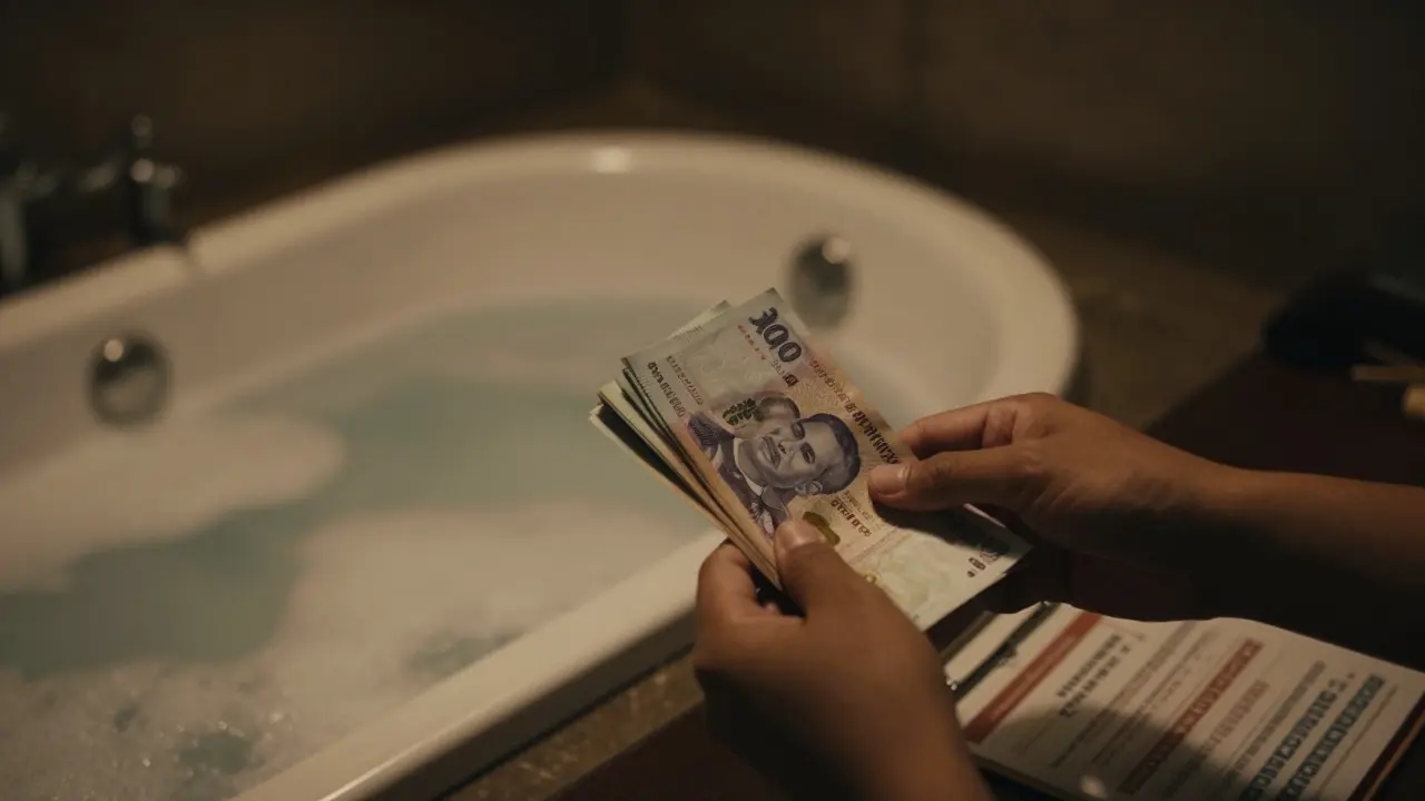 Dim room with soapy tub and Thai Baht cash, symbolizing risk