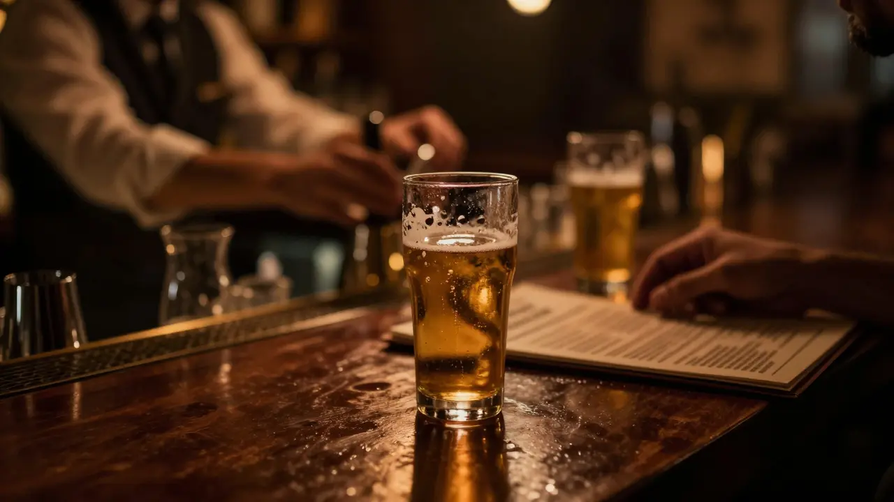 Dimly lit bar table with a beer glass and shadowy background