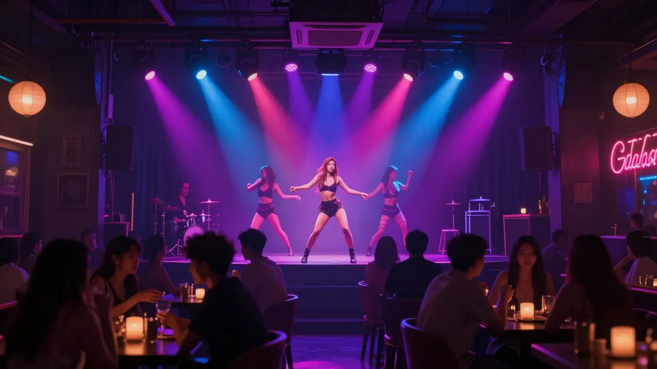 Dimly lit go-go bar interior with neon stage lights and silhouettes