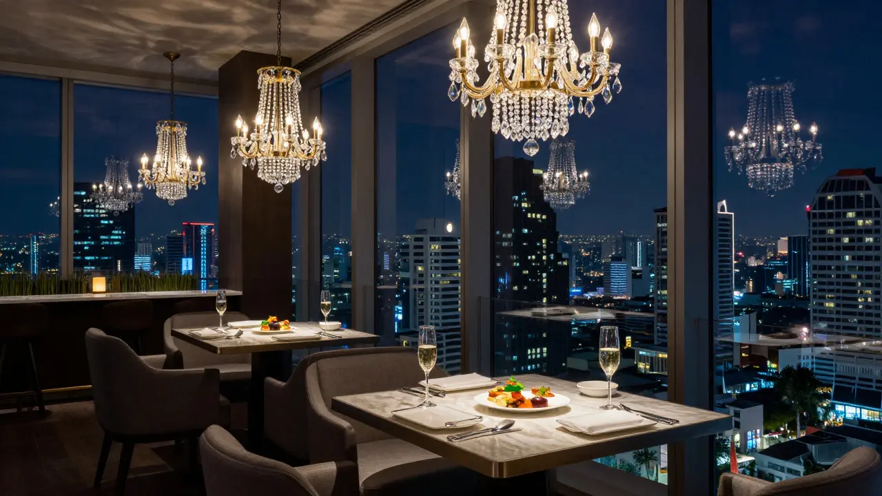 Elegant crystal-lit rooftop bar with city night views