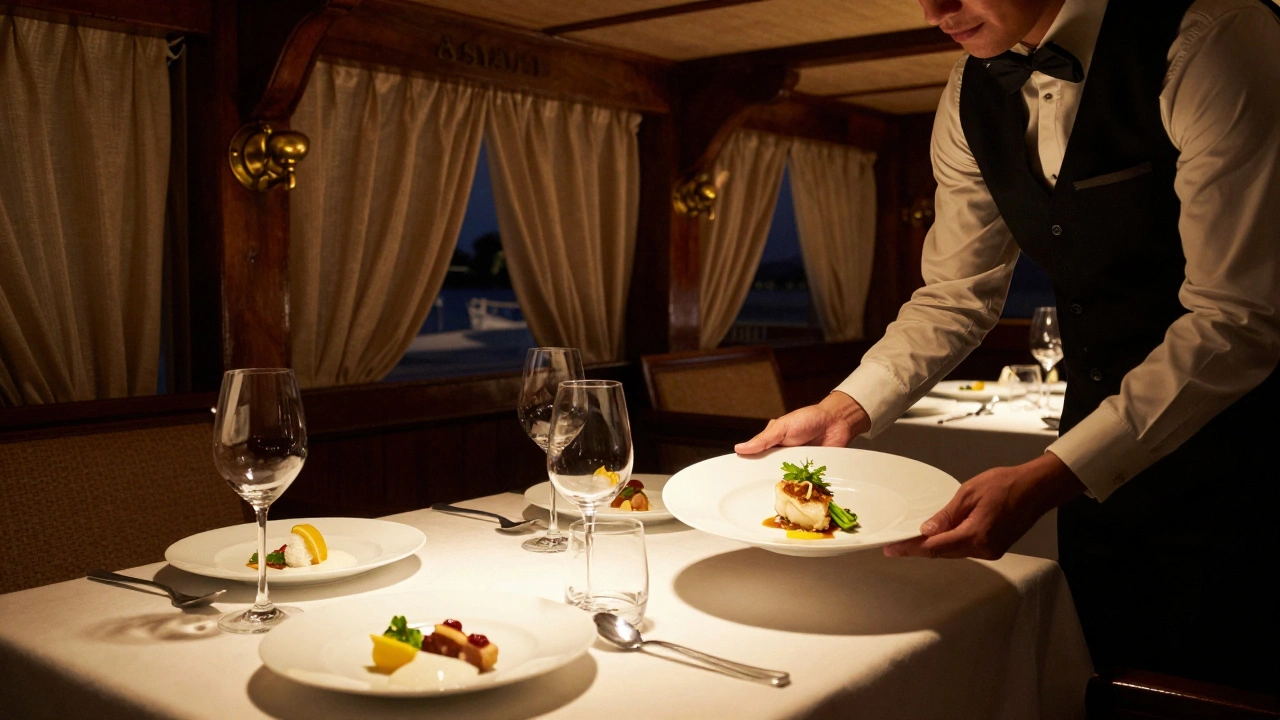 Elegant fine dining service inside a vintage-style luxury cruise boat cabin