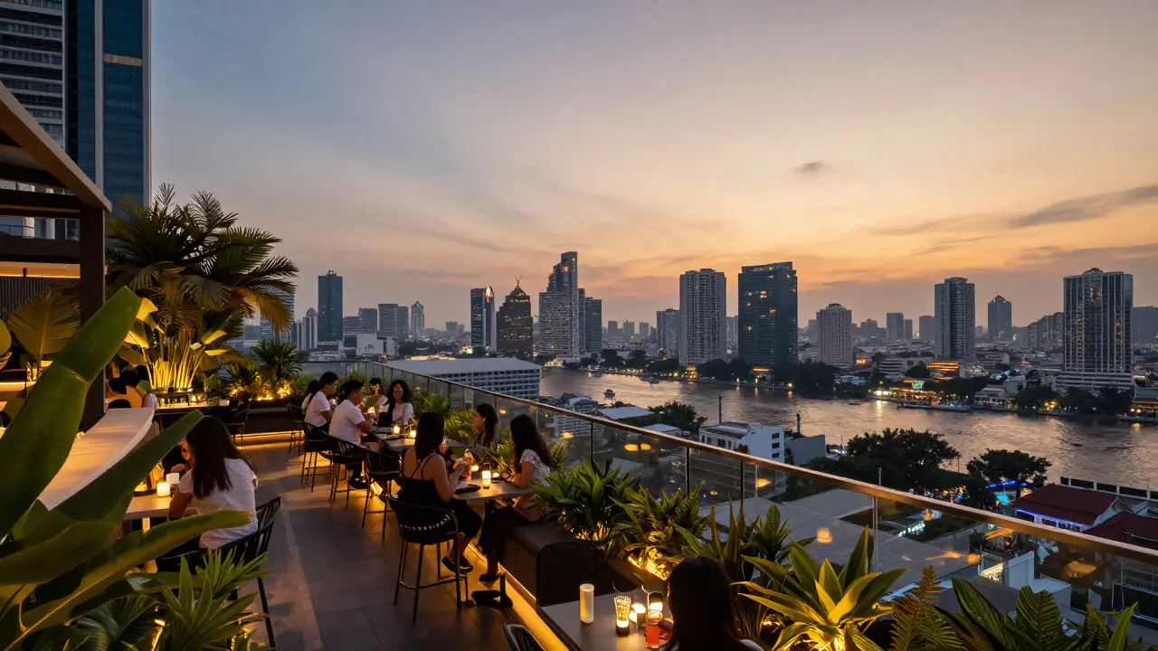 Elegant rooftop bar view of Bangkok skyline at sunset