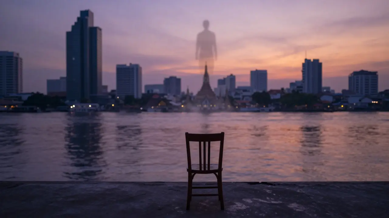 Empty chair on river pier at dusk with Bangkok skyline and misty, mysterious atmosphere