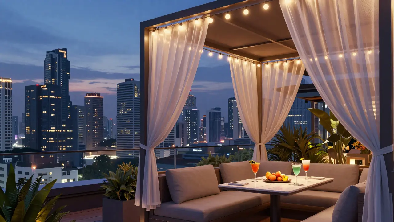 Exclusive rooftop lounge cabana with cocktails overlooking Bangkok skyline