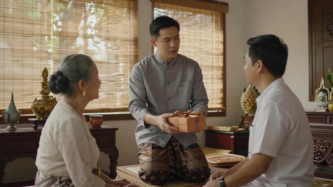 Foreign man respectfully meeting Thai parents with gift