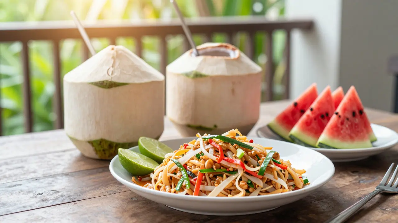 Fresh Pad Thai and fruit for hangover recovery in bright sunlight