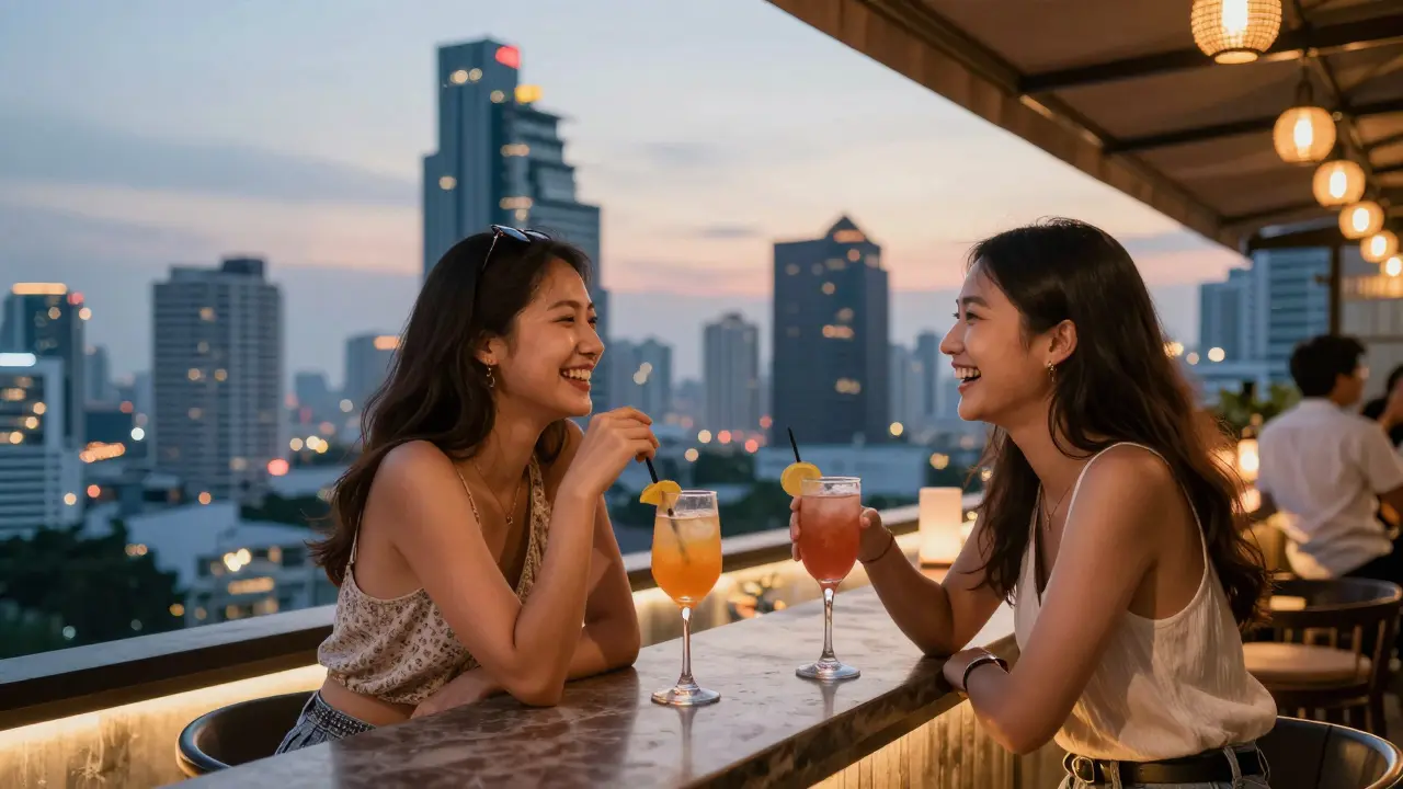 Friends enjoying cocktails at a Bangkok rooftop bar with city views