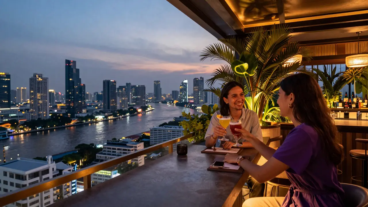 Friends enjoying drinks at a safe, upscale Bangkok rooftop bar