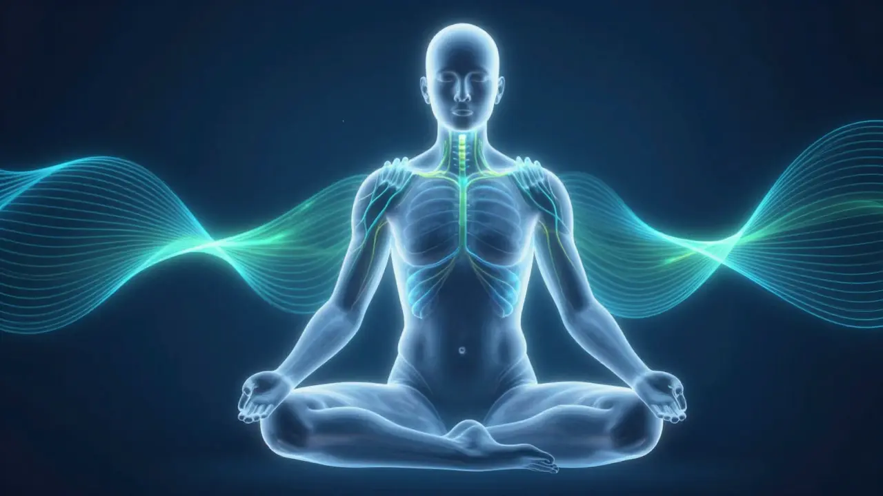 Glowing energy waves flowing through a silhouette during touch therapy.