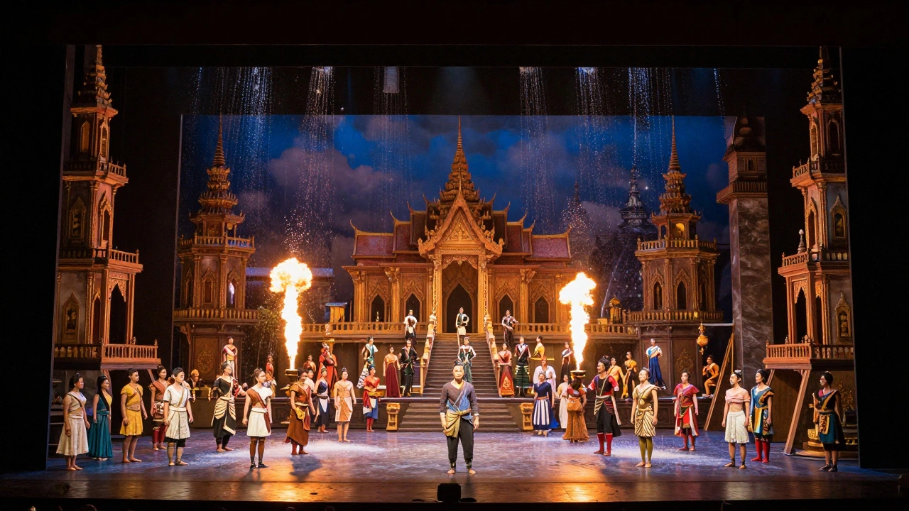 Grand theatrical stage show with water effects and many performers