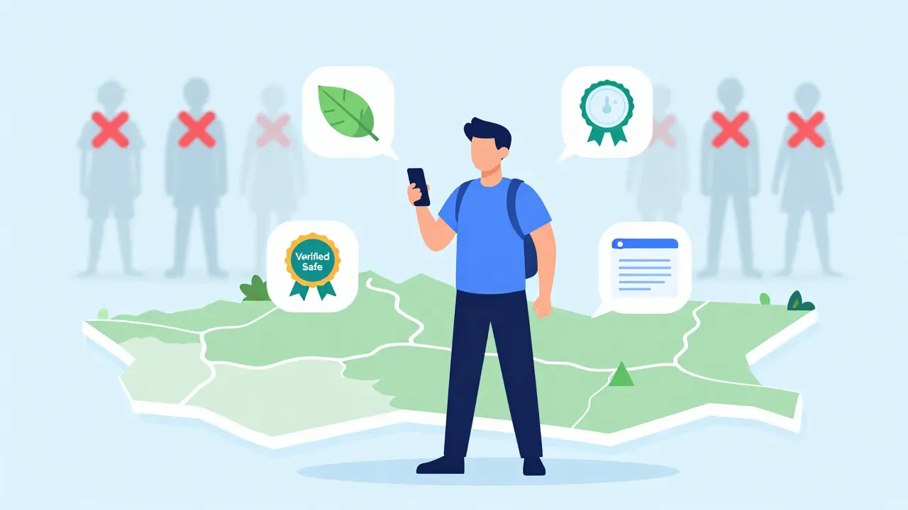 Illustration of a traveler using a phone to book verified safe spa services in Bangkok.