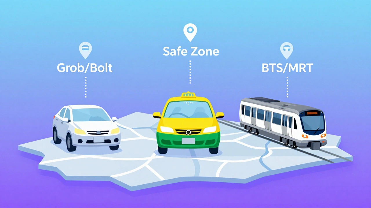 Illustration of safe transport options like trains and ride-hailing