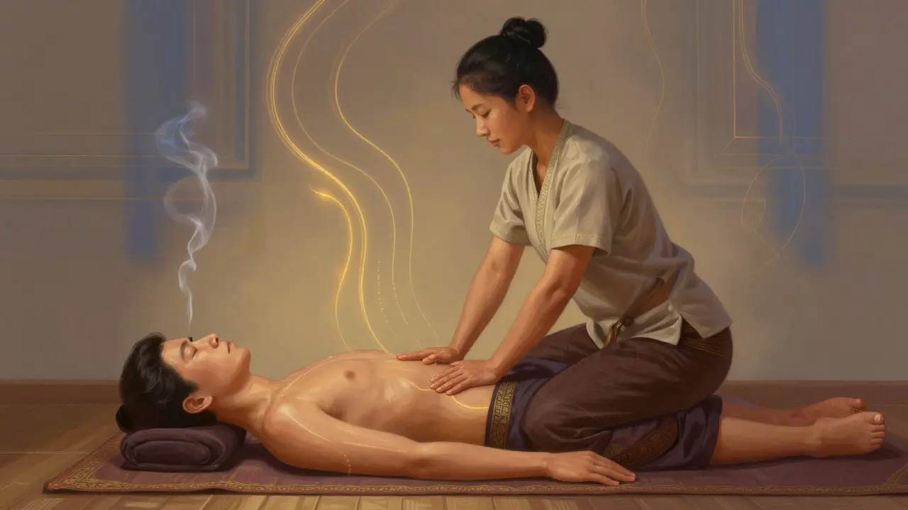 Illustration of traditional Thai massage with energy lines and modest attire.